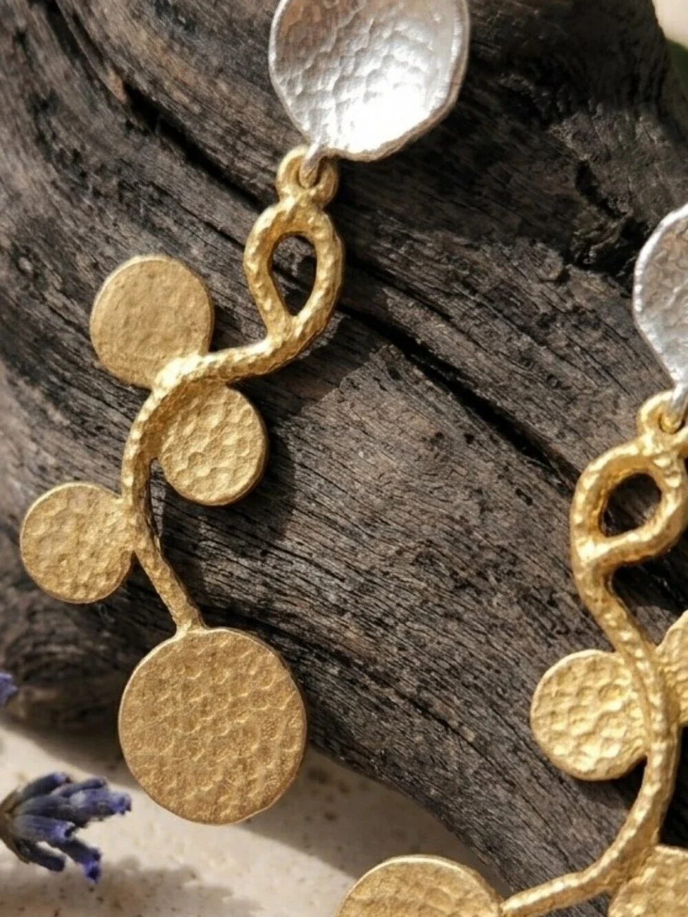 18K Gold Plated Brass Turkish Two Tone Hammered Vine Drop Earrings 3